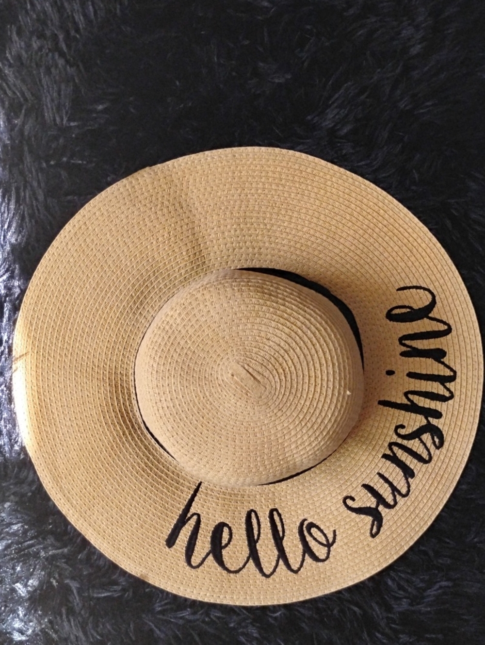 Hello Sunshine Straw Sun Hat - Beige with Black Script